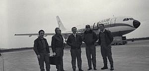 The first test flight of Airbus A300 with test pilots Max Fischl and Bernard Ziegler