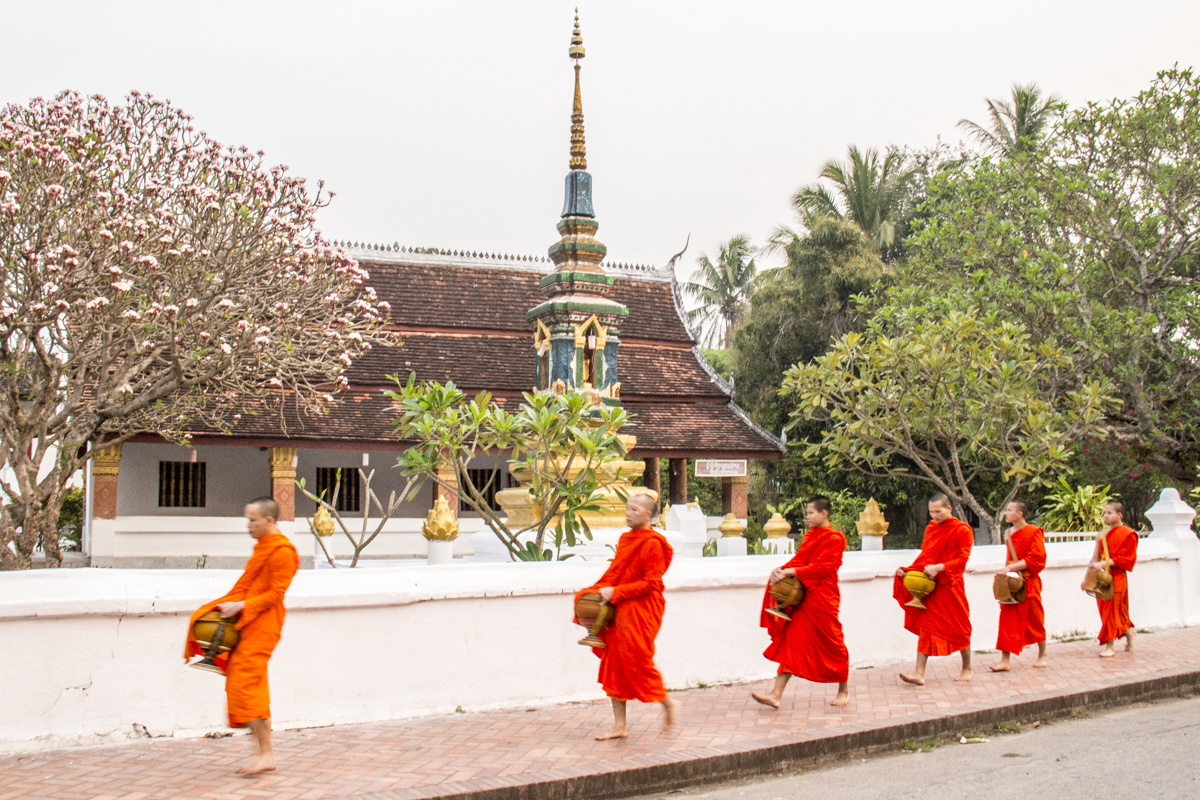 Monks Processing Oustside Wat Sene Souk Haram in Luang Prabang in Laos 