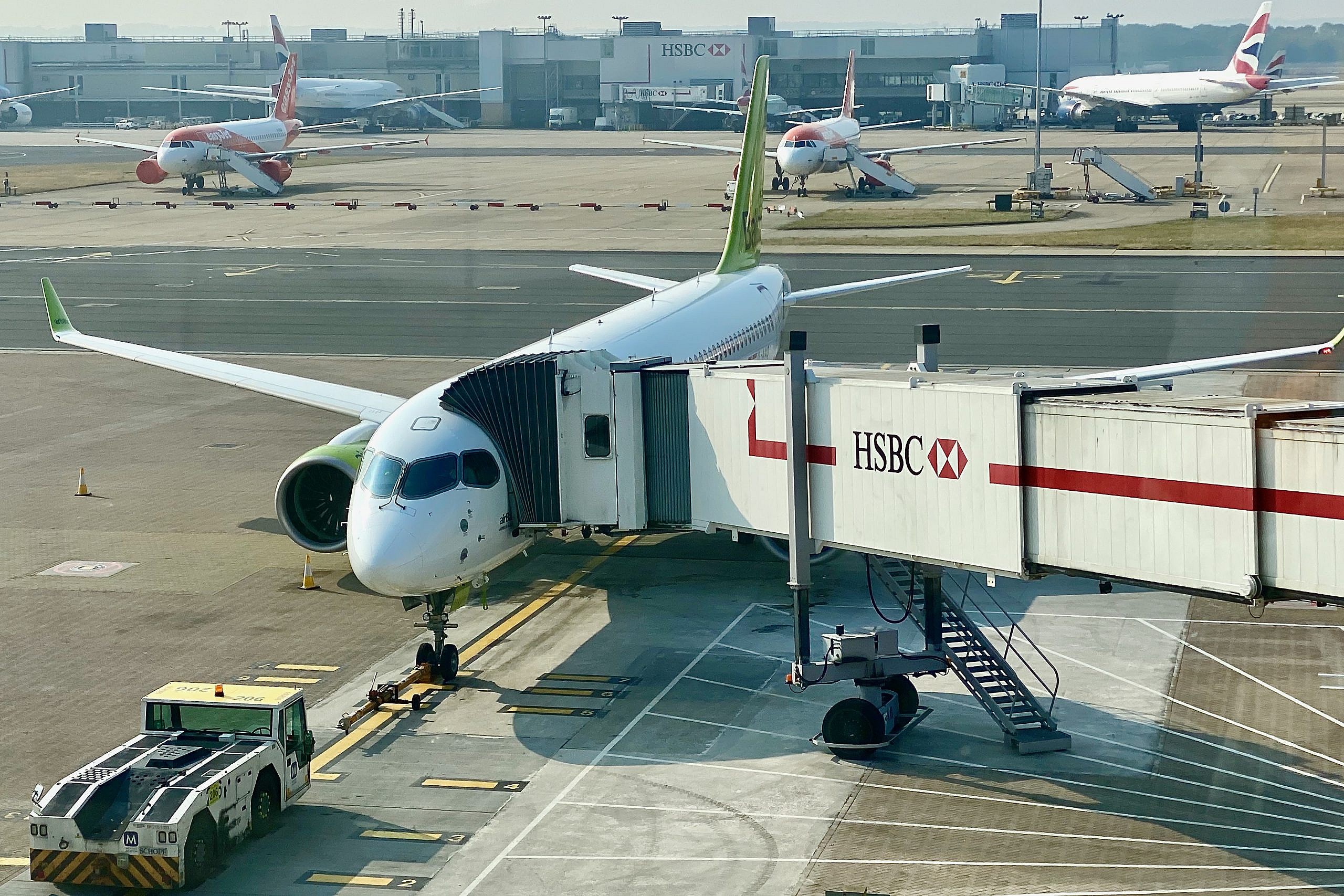 Air Baltic Airbus A220-300 at London Gatwick North Terminal