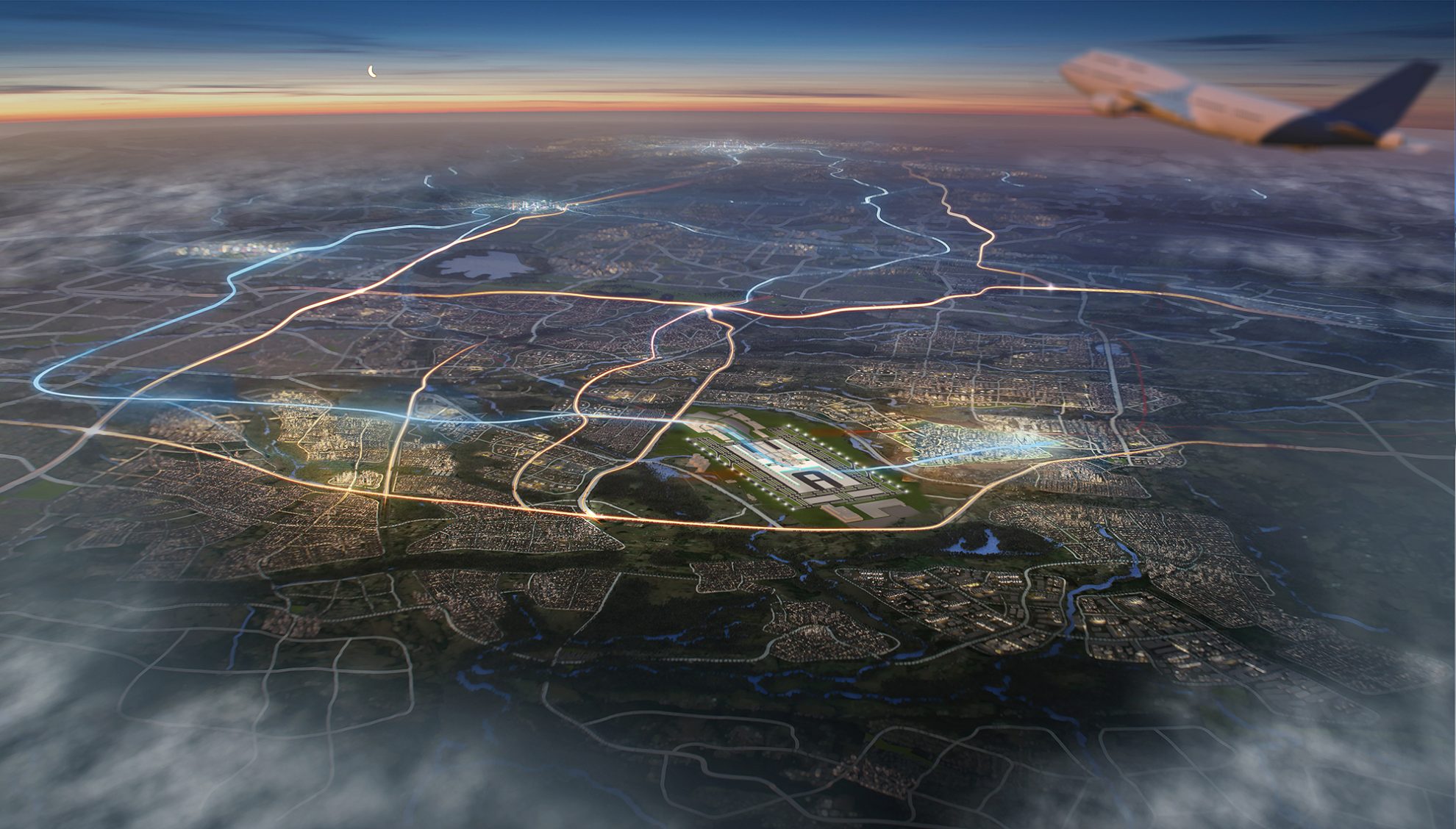 Aerial Dusk artist interpretation of new Sydney Airport