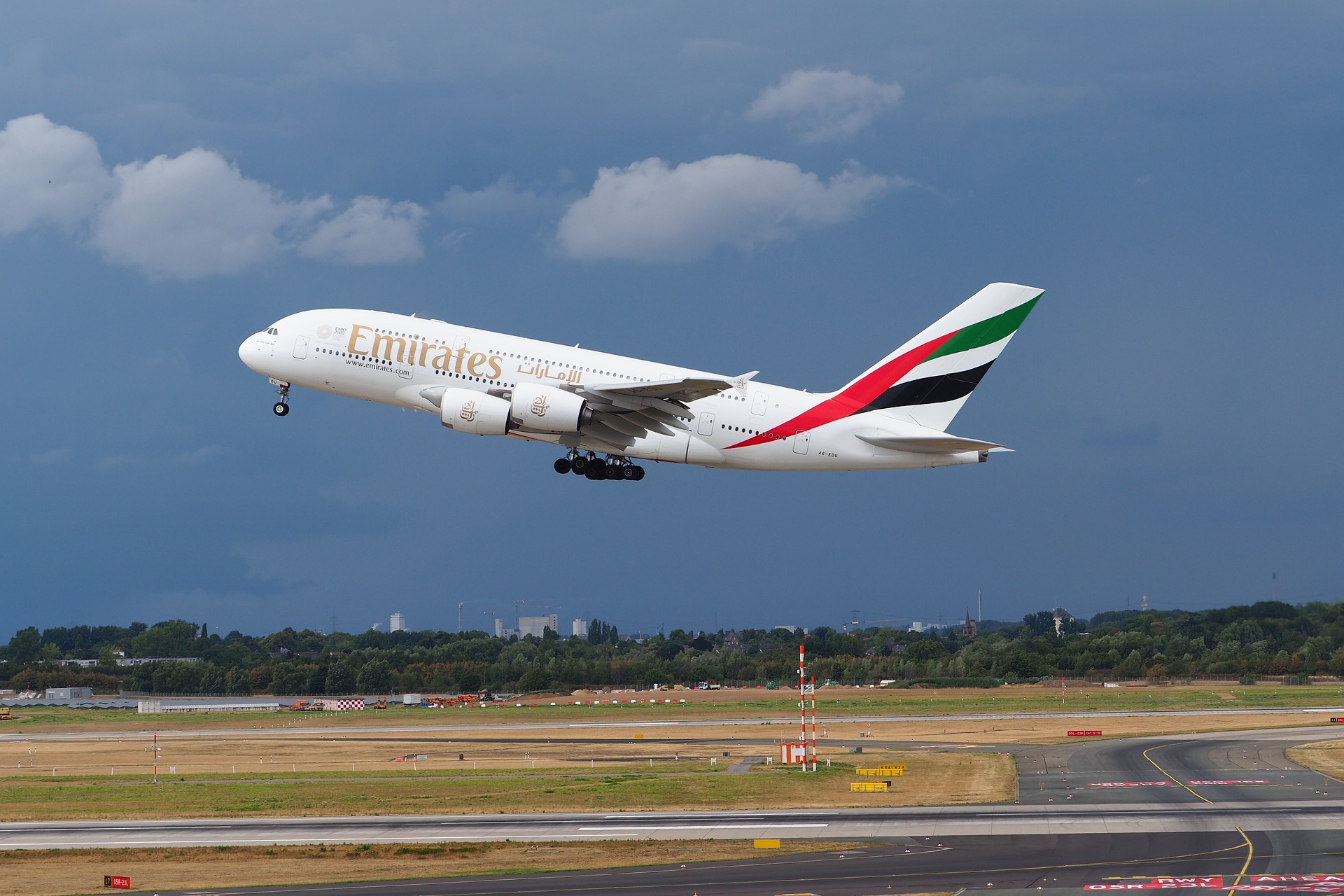 An Emirates A380 taking off