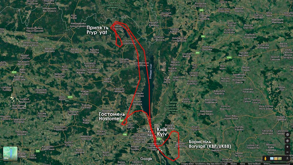 Map of Ukraine International Airlines Flight to nowhere