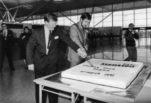 Cutting a cake to celebrate the 1991 opening of the new terminal