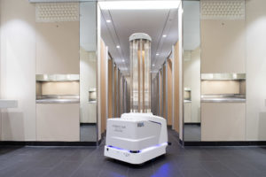 A UV robot cleaning the toilets at Heathrow Airport