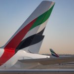The vertical stabilizer of an Emirates A380 at Dubai Int. Airport