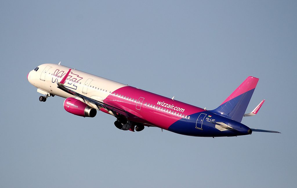 A Wizz Air A321 taking off. 