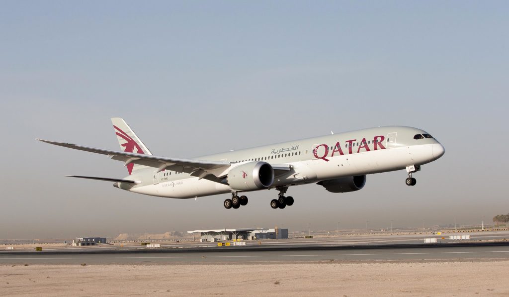 Qatar B787-9 moments before touch-down. Photo by Qatar Airways
