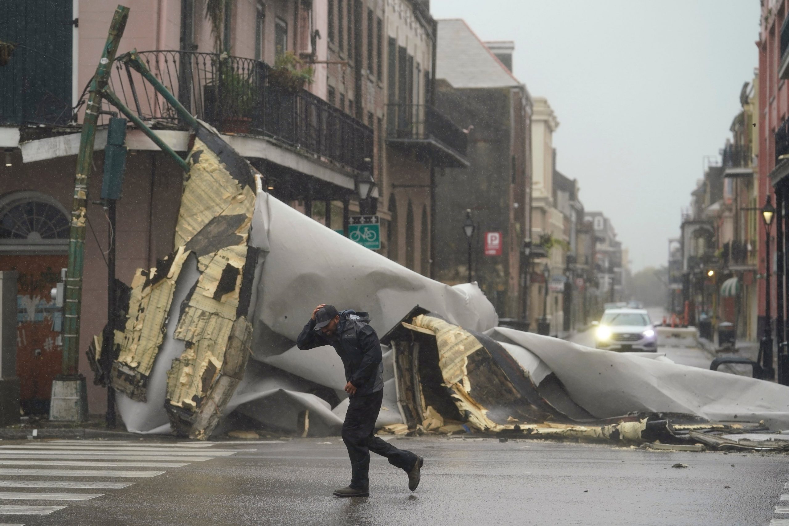 A section of roof that was blown off a building in the French Quarter of New Orleans by Hurricane Ida on Sunday as hurricane Ida edges closer to Louisiana