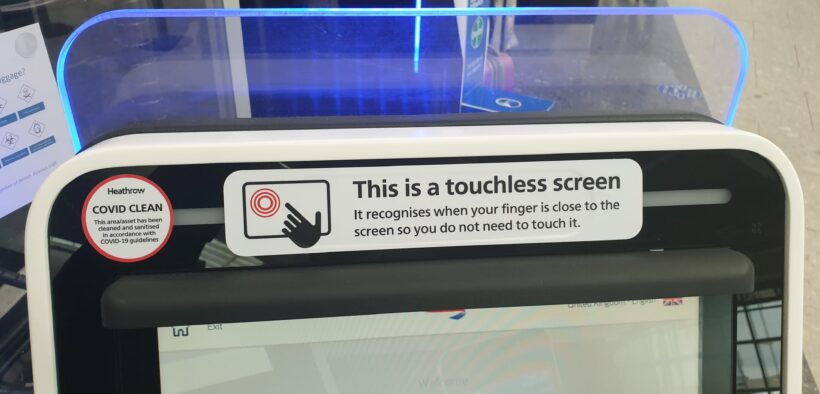 Showing bag drop unit at Heathrow Airport