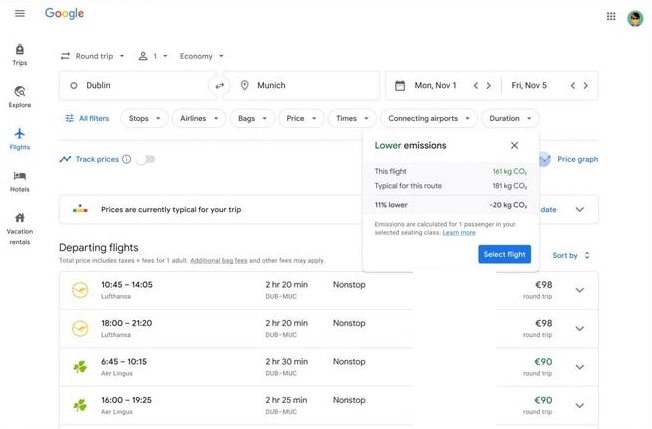 Showing Google Flights information