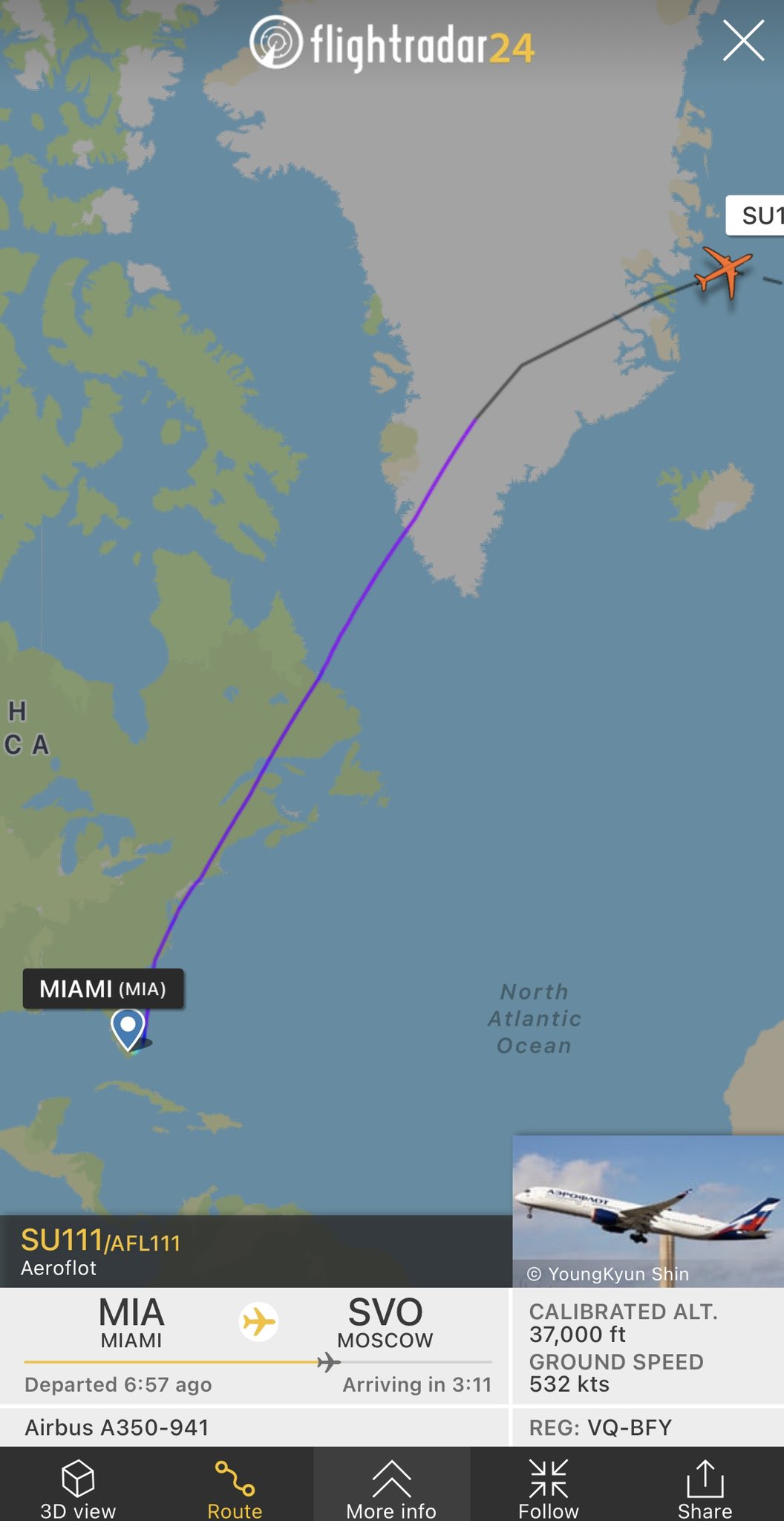 flight radar path of Aeroflot flight 111 over canada