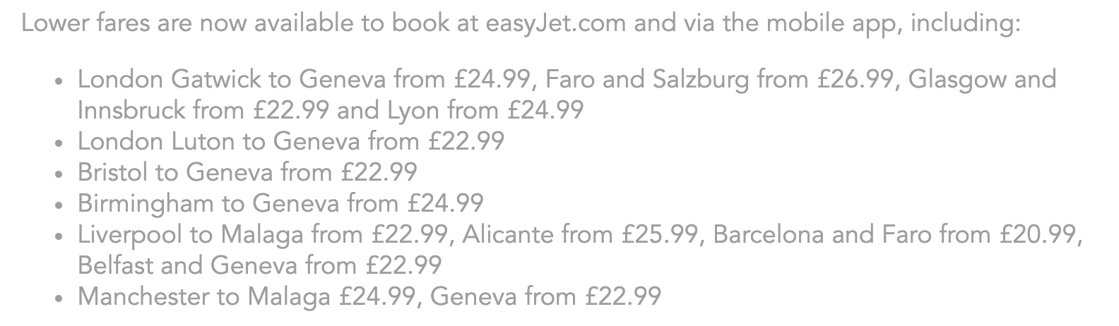 Some of the destinations and fares released today © EasyJet.