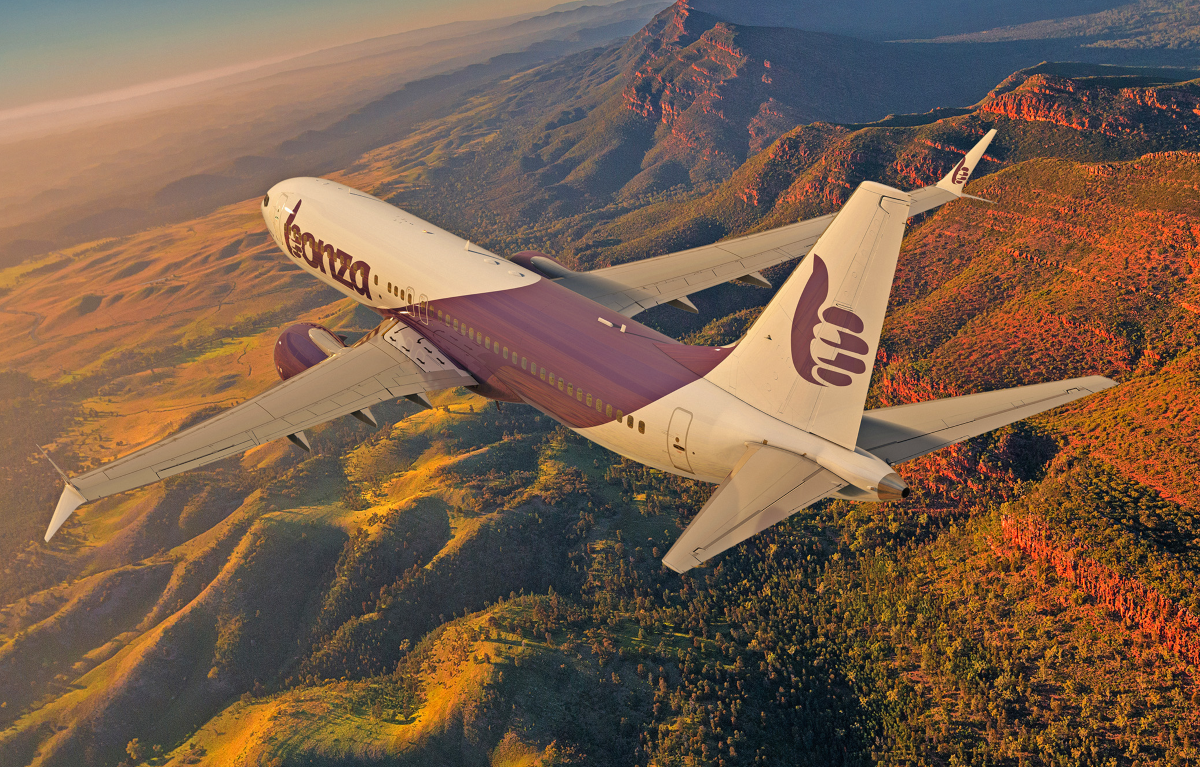 Bonza 737 Max flying over Australian terrain