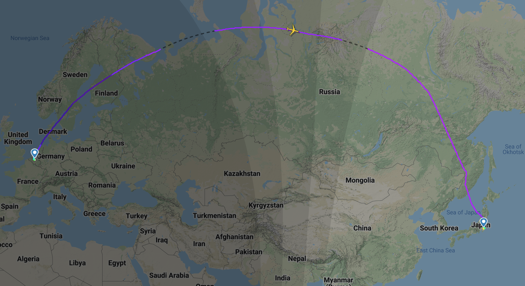 ANA's usual flight route between Tokyo and Brussels © Flight Radar