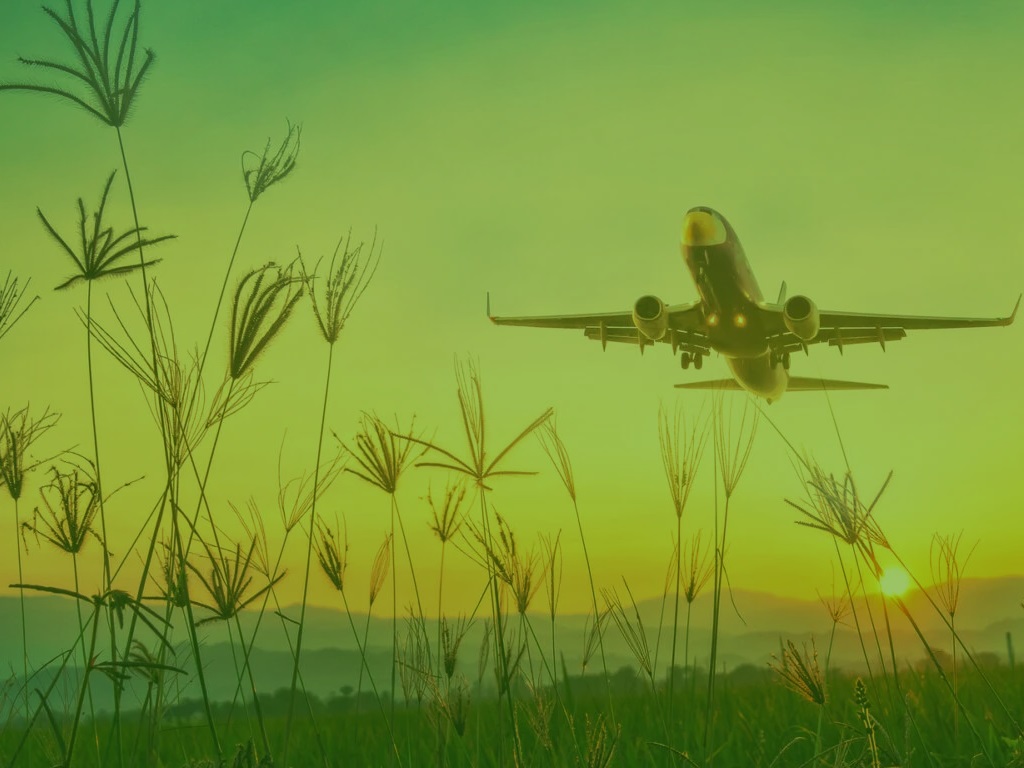A plane flying across a field 