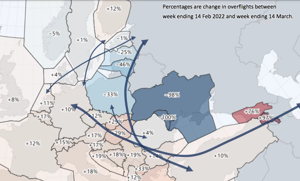 Map showing overflight changes in Europe due to ukraine