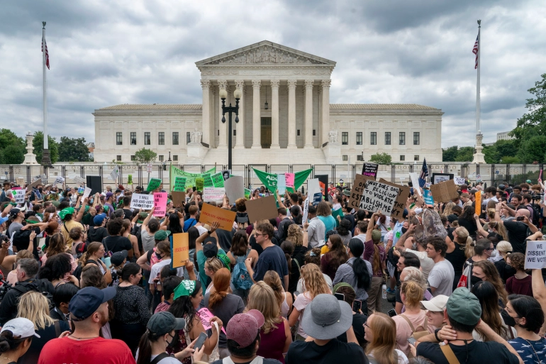 Abortion-rights protesters and abortion advocates gathered outside the Supreme Court following its decision to overturn Roe v Wade