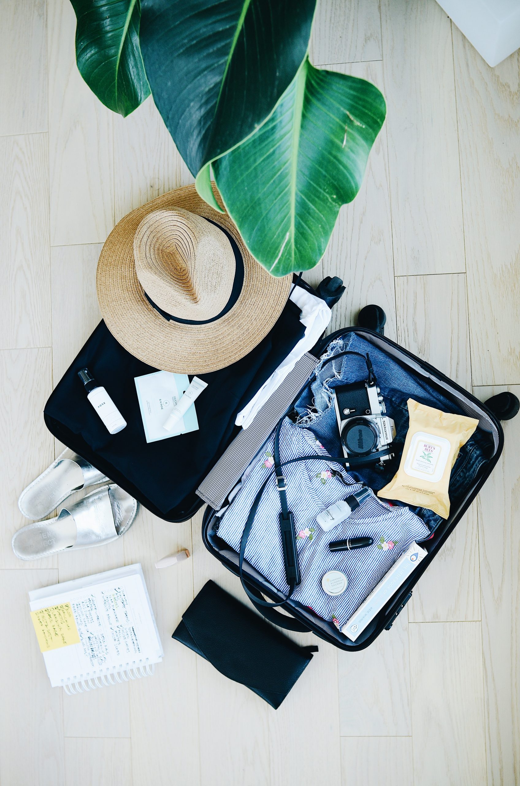 hand luggage only! An open cabin-sized suitcase, packed with the travel essentials.