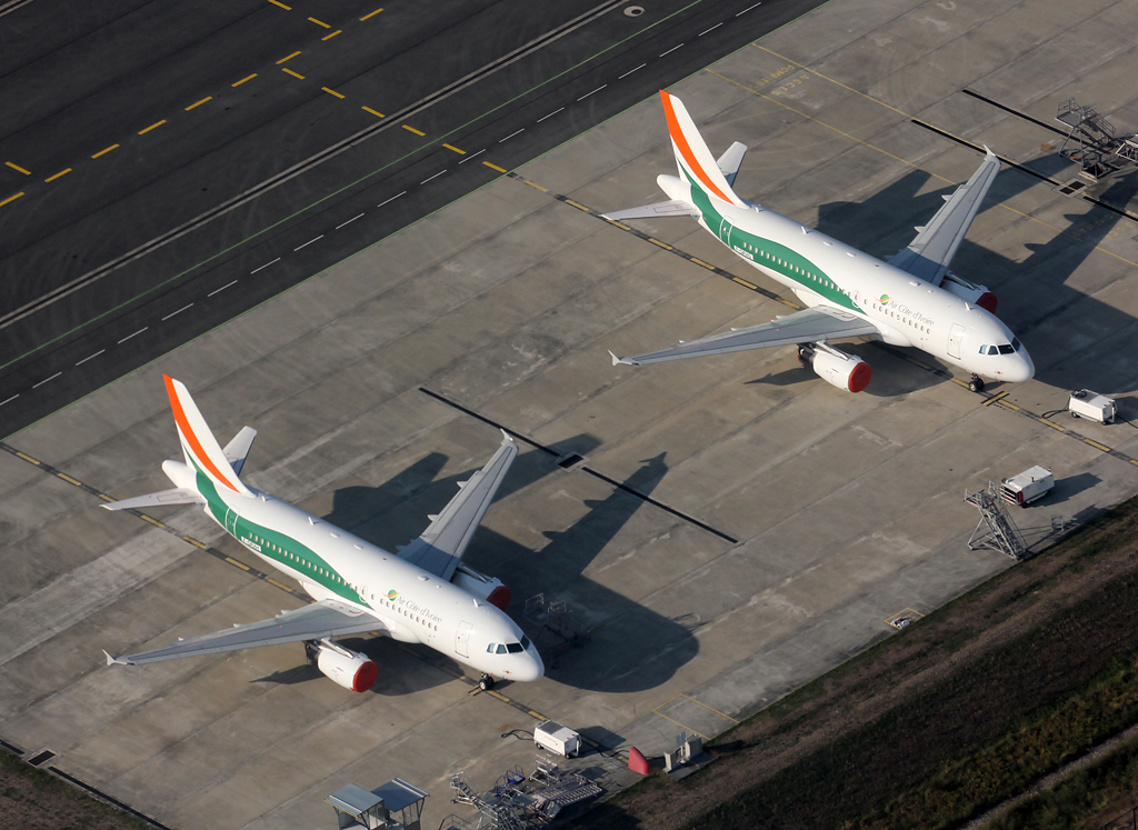 Bird's eye view: Two Air Côte d’Ivoire aircraft sit on tarmac.