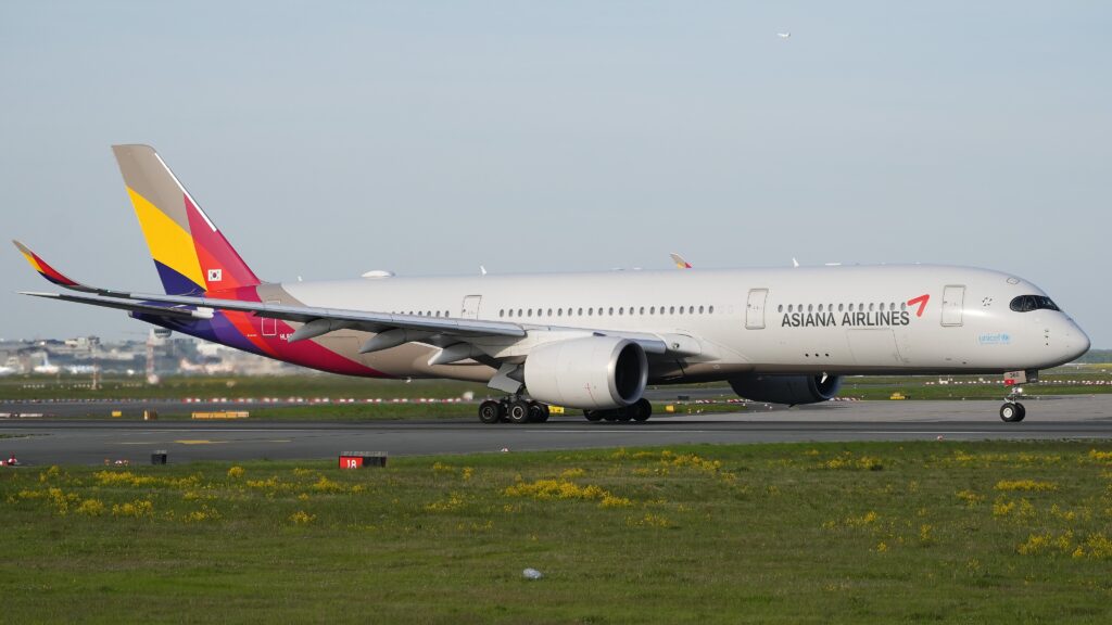 The Asiana Airlines Airbus A350-900 with the registration HL8360 takes off from Frankfurt Main Airport.