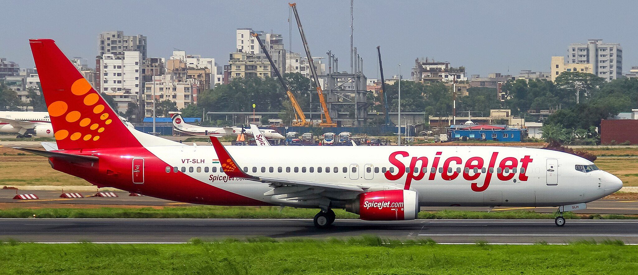 SpiceJet aircraft on a runway.