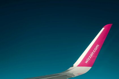 Wing of Wizzair plane taken from the plane when flying