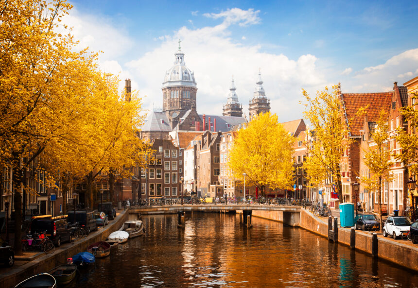 Church of St Nicholas, old town canal in Amsterdam, Holland