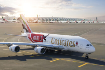 Photograph of Airbus A380 with AC Milan design for their 125th anniversary.