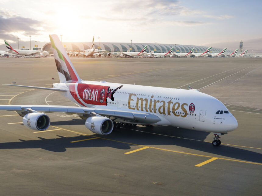 Photograph of Airbus A380 with AC Milan design for their 125th anniversary.