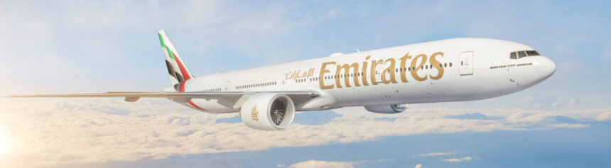 Emirates airplane over clouds