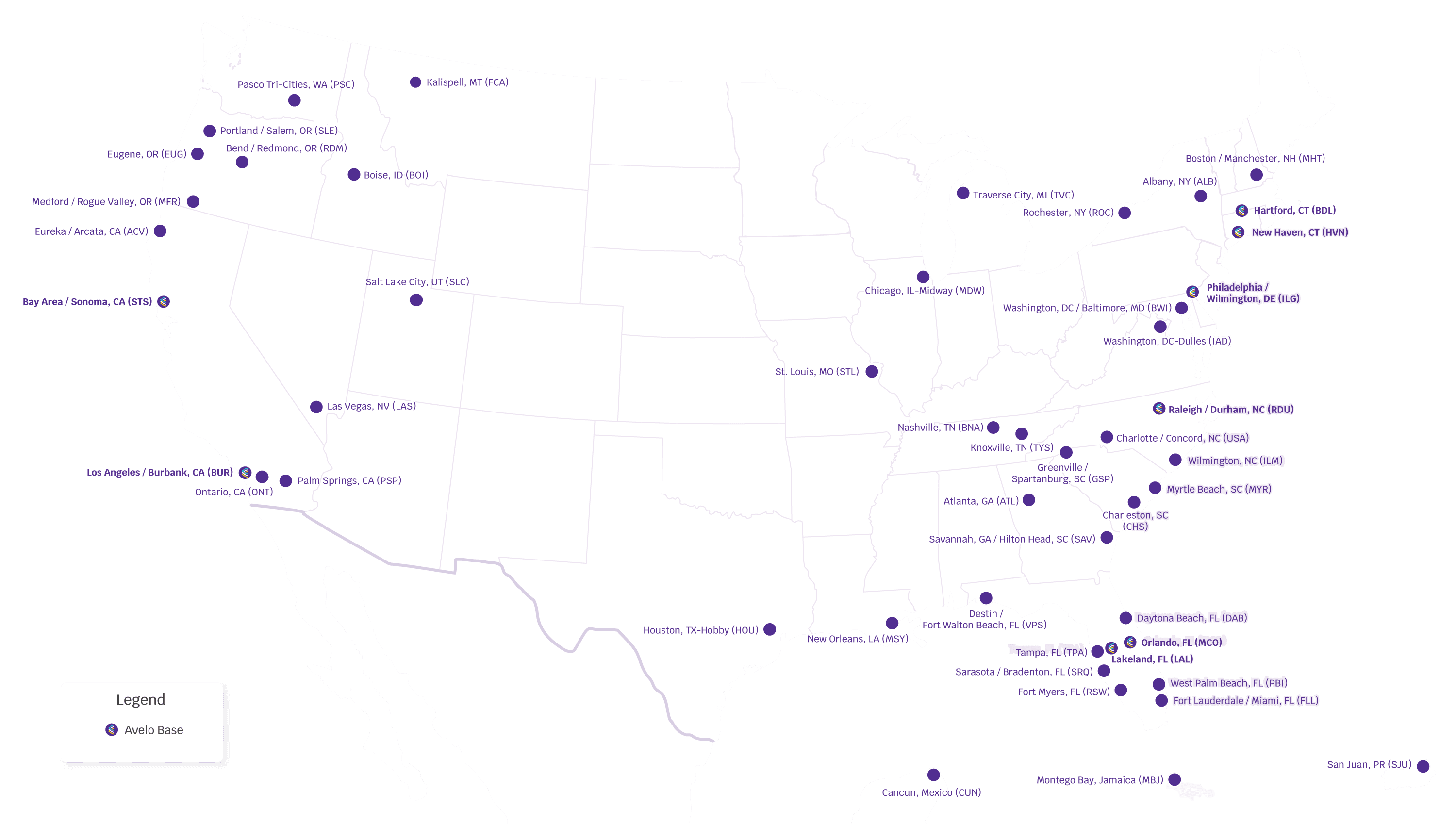 Avelo Destinations Route Map