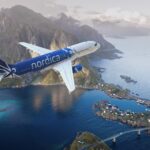 Estonian Nordica aircraft flies over sea and mountains