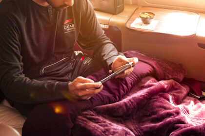 Formula 1 themed loungewear on Qatar Airways flight