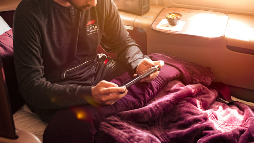 Formula 1 themed loungewear on Qatar Airways flight