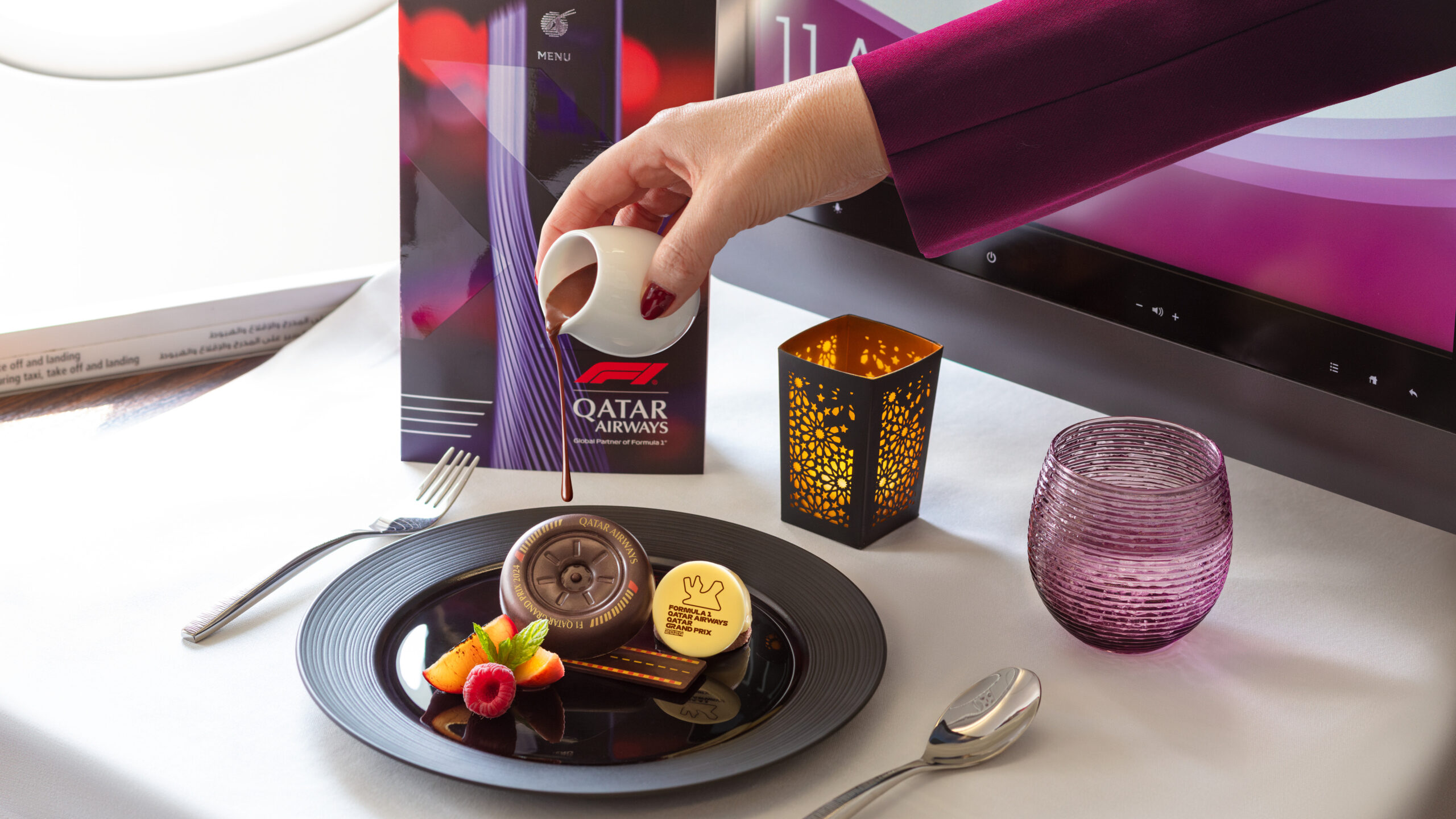 Qatar Airways in-flight F1-themed chocolate dessert