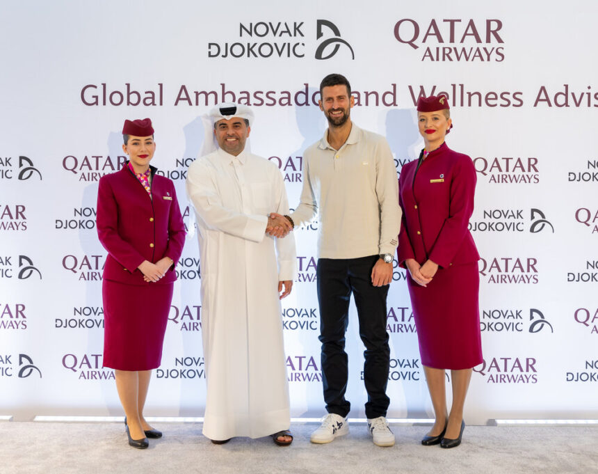 Photograoh of Novak Djokovic shaking hands with Qatar Airways CEO
