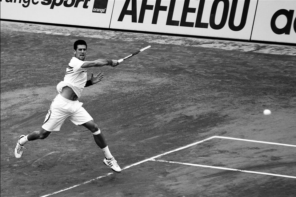 Black and white photograph of Novak Djokovic