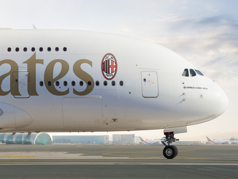 Photograph of the front of the newly designed Airbus A380, with the Ac Milan crest in celebration of their 125th anniversary. 