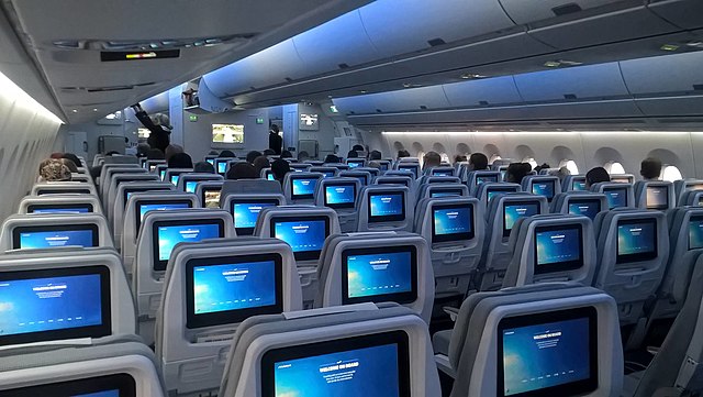 The image of economy class cabin in Finnair's A350 XWB, the first particular aircraft of its type to enter service in Europe.
