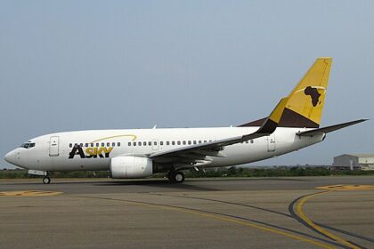 The image of Boeing 737-700 of ASKY Airlines at Kotoka International Airport.