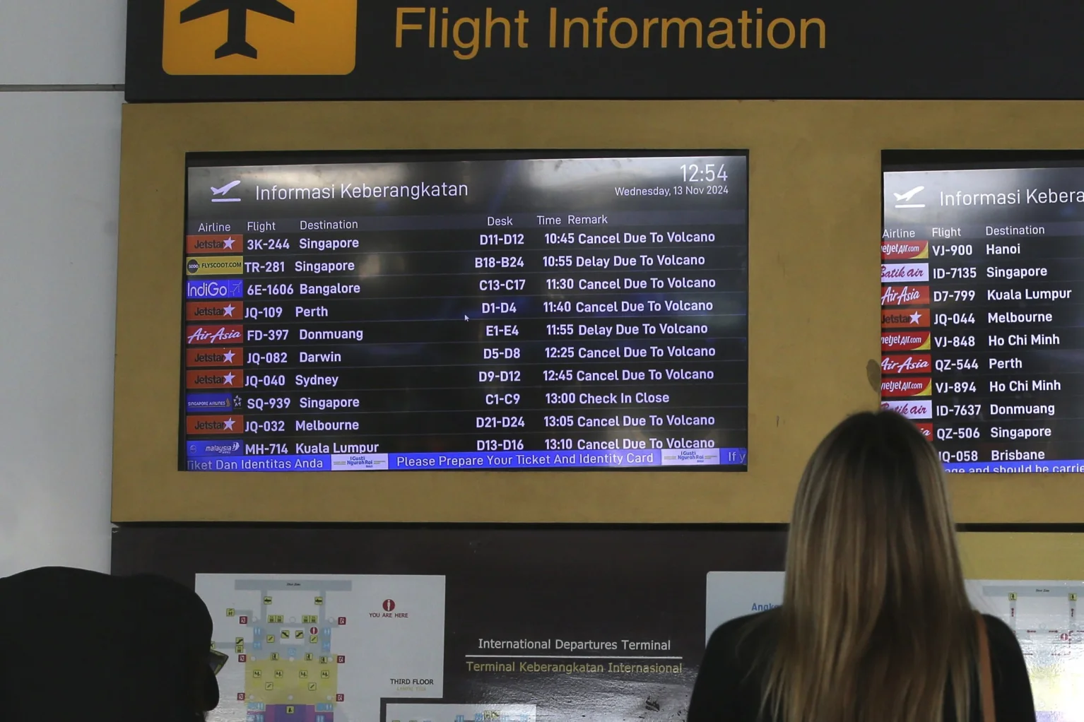 A woman is looking at an information board that shows all flights have been cancelled due to the volcanic eruption.