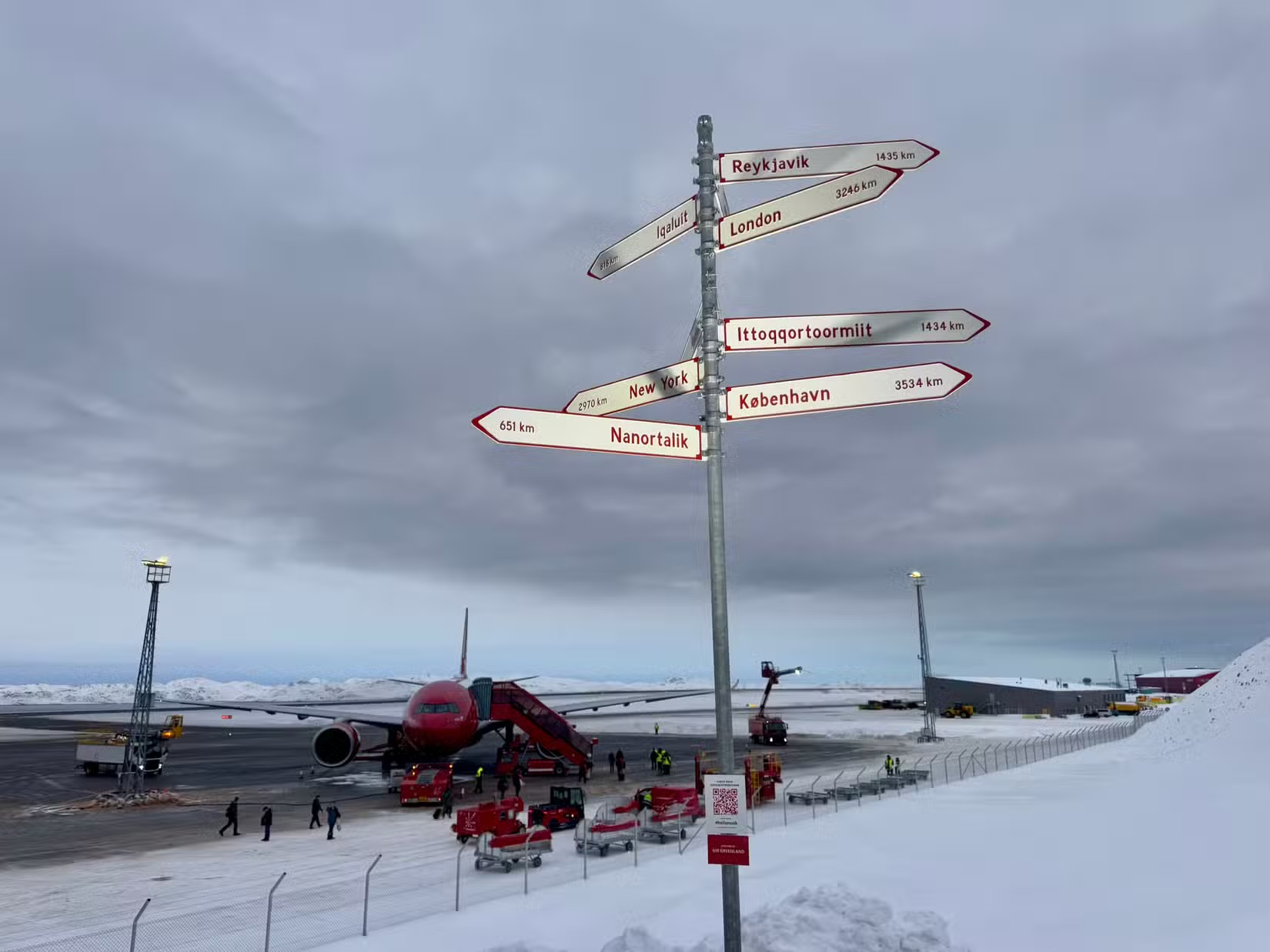 Signposts of different Greenland towns in front of the tarmac that has an aircraft boarding
