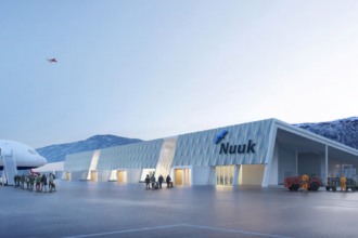 A concept design of Nuuk International that includes the terminal, a runway and an aircraft on the tarmac.