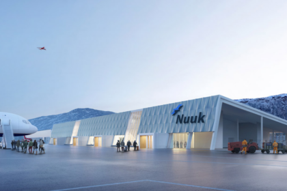 A concept design of Nuuk International that includes the terminal, a runway and an aircraft on the tarmac.
