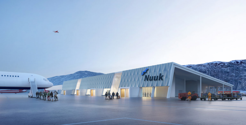A concept design of Nuuk International that includes the terminal, a runway and an aircraft on the tarmac.