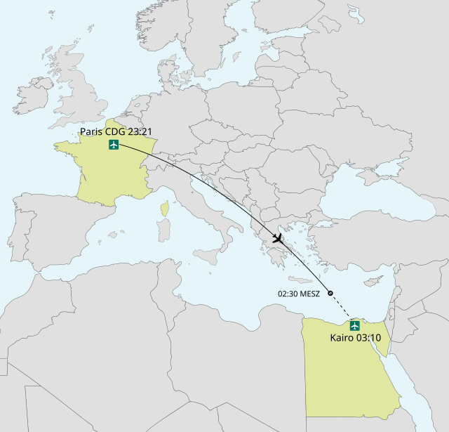 The image of flight path of EgyptAir Flight 804.