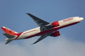 The image of an Air India Boeing 777-200LR.