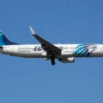 The image of Egyptair Boeing 737-800 SU-GDX passenger plane arrival and landing.