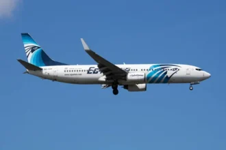 The image of Egyptair Boeing 737-800 SU-GDX passenger plane arrival and landing.