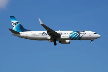 The image of Egyptair Boeing 737-800 SU-GDX passenger plane arrival and landing.